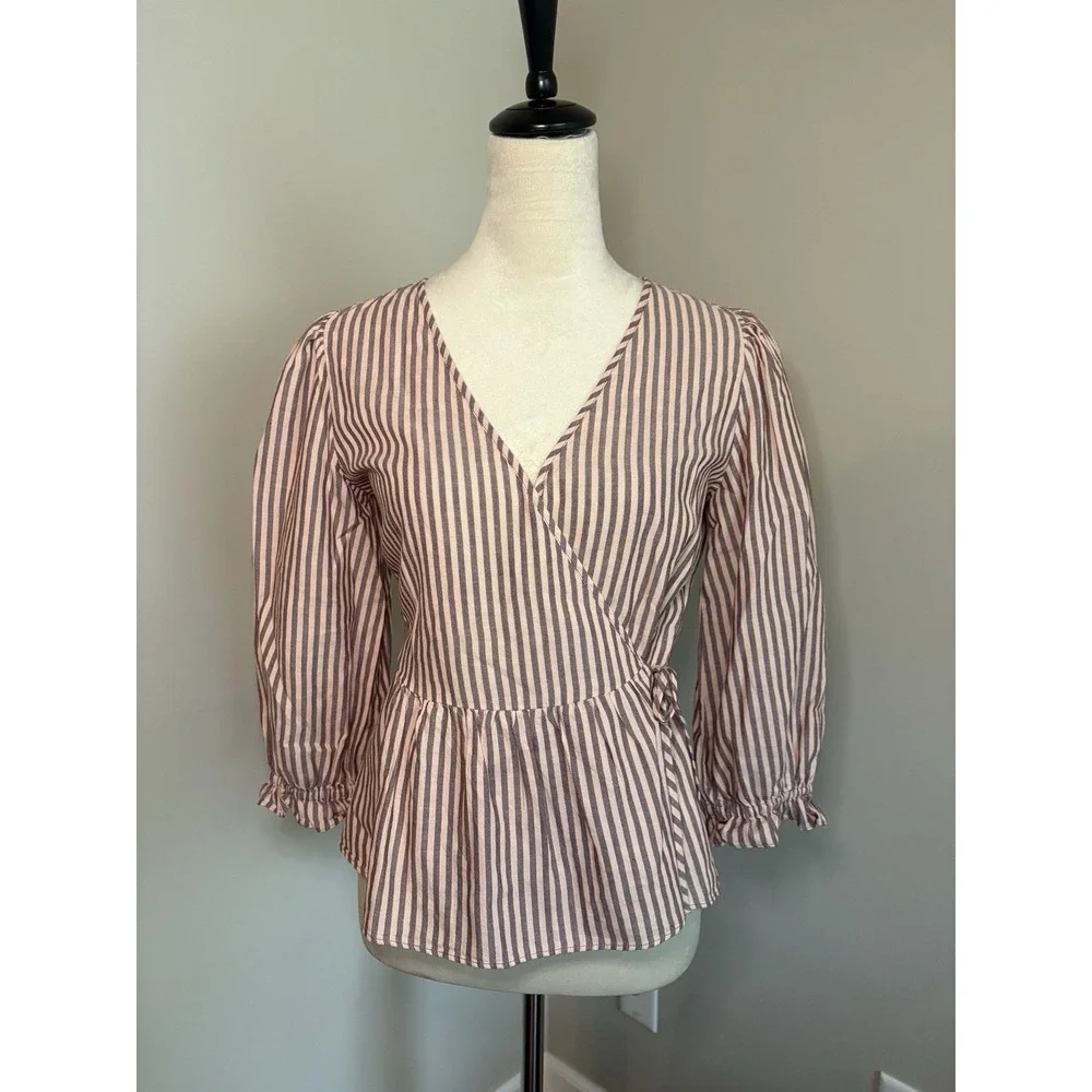Madewell Pink Stripe Wrap Blouse Sweet Tulip Top 3/4 Puff Sleeve Tie Waist XS